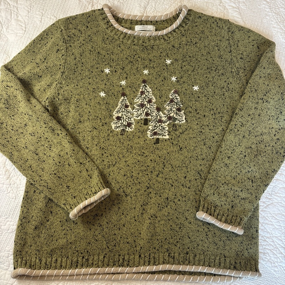 VTG Y2K HandEmbroidered Rollneck Rollhem Sweater Winter Holidays Trees Stars LG